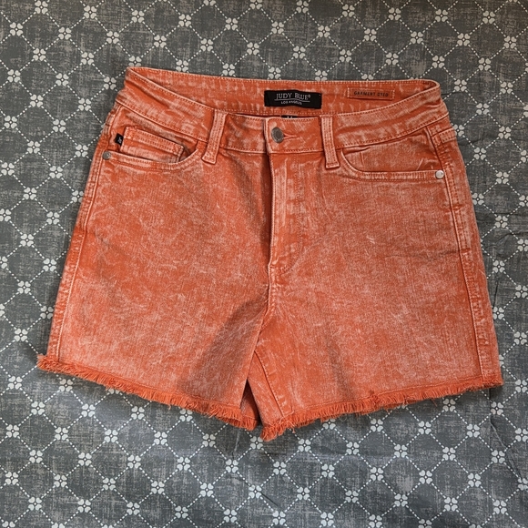Judy Blue garment dyed  Orange distressed Denim Shorts med - Picture 3 of 8